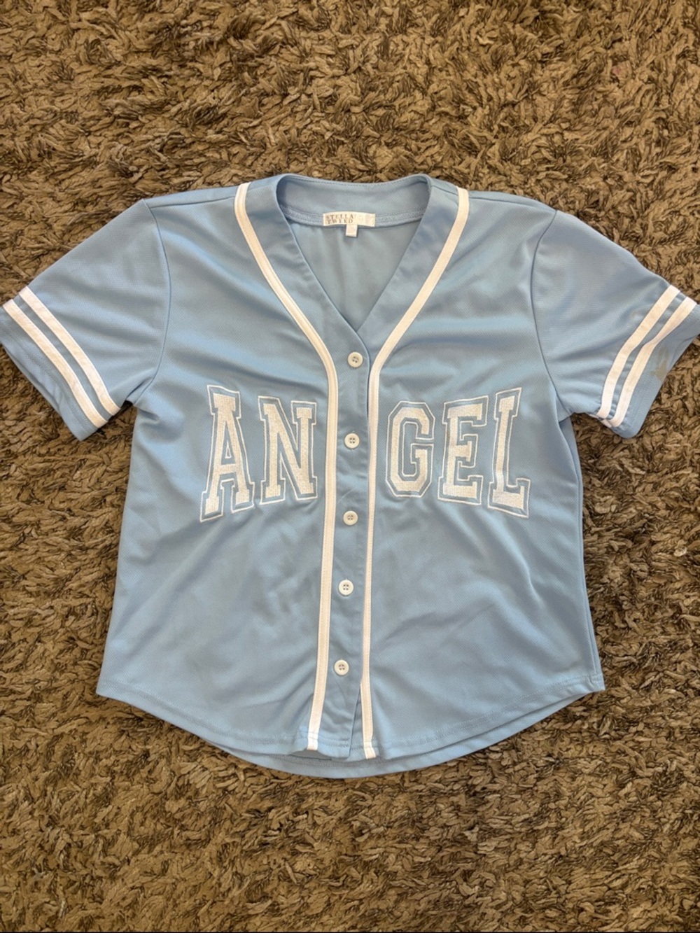 Stella Tweed Light Blue and White 'ANGEL' Baseball Jersey Top